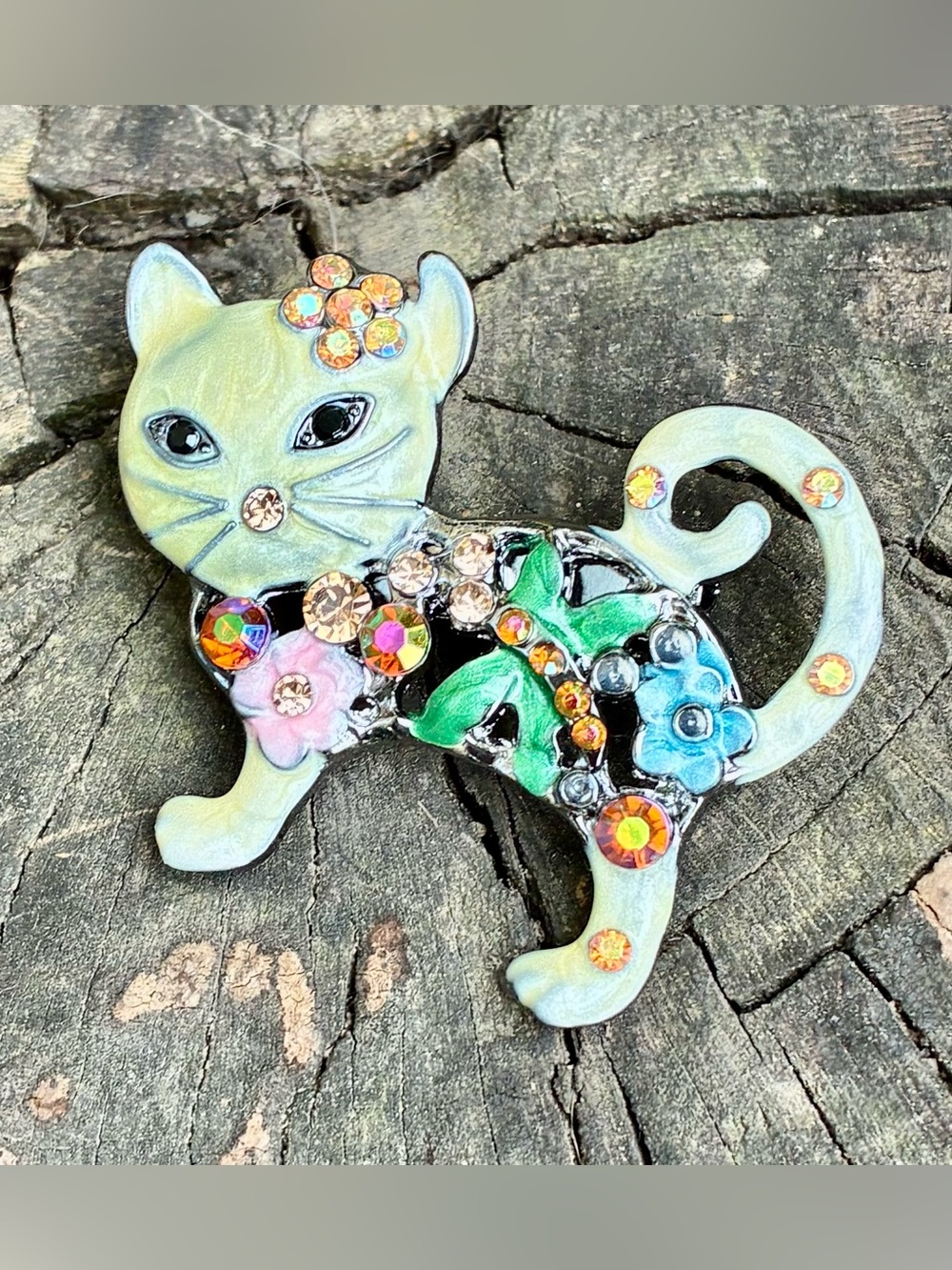 Hand-Painted Jeweled Cat Brooch - Pastel Green Floral Accents